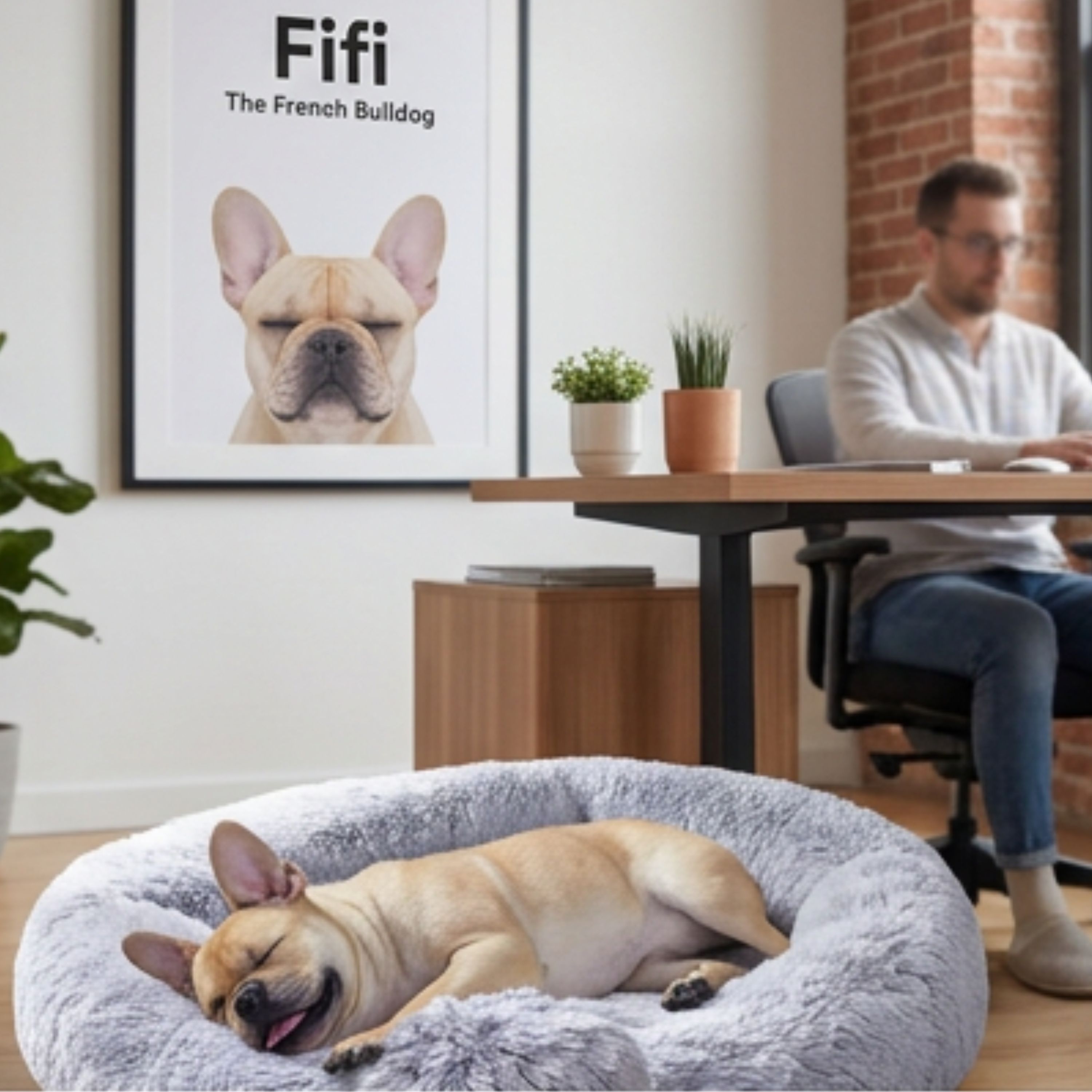 Fifi sleeping in an office beneath a framed Fifi the French Bulldog poster while a developer works