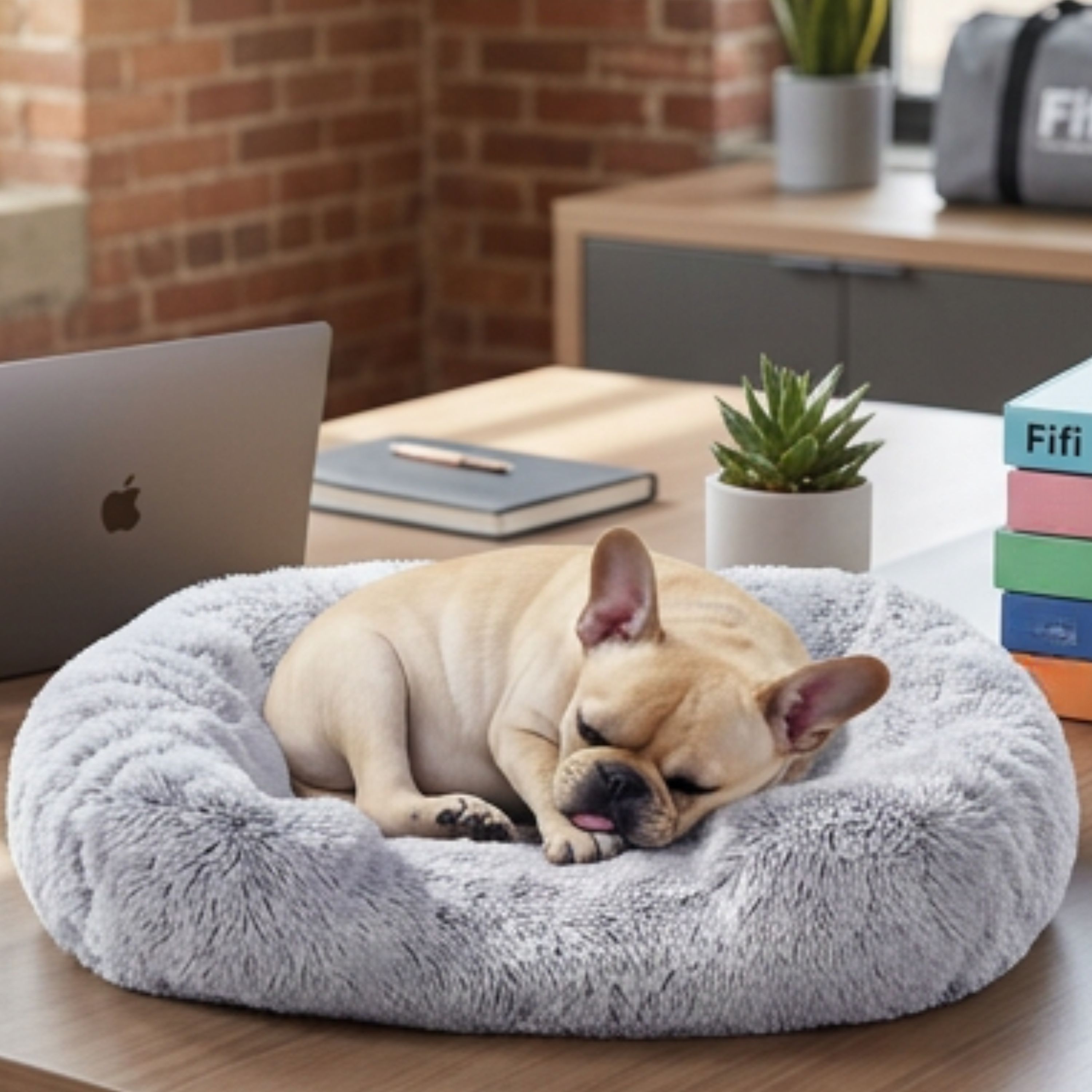 Fifi curled up asleep on a desk beside a laptop and a stack of Fifi books